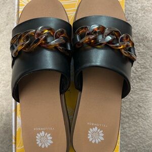 Yellow Box Black Slide Sandals with Chain Detail